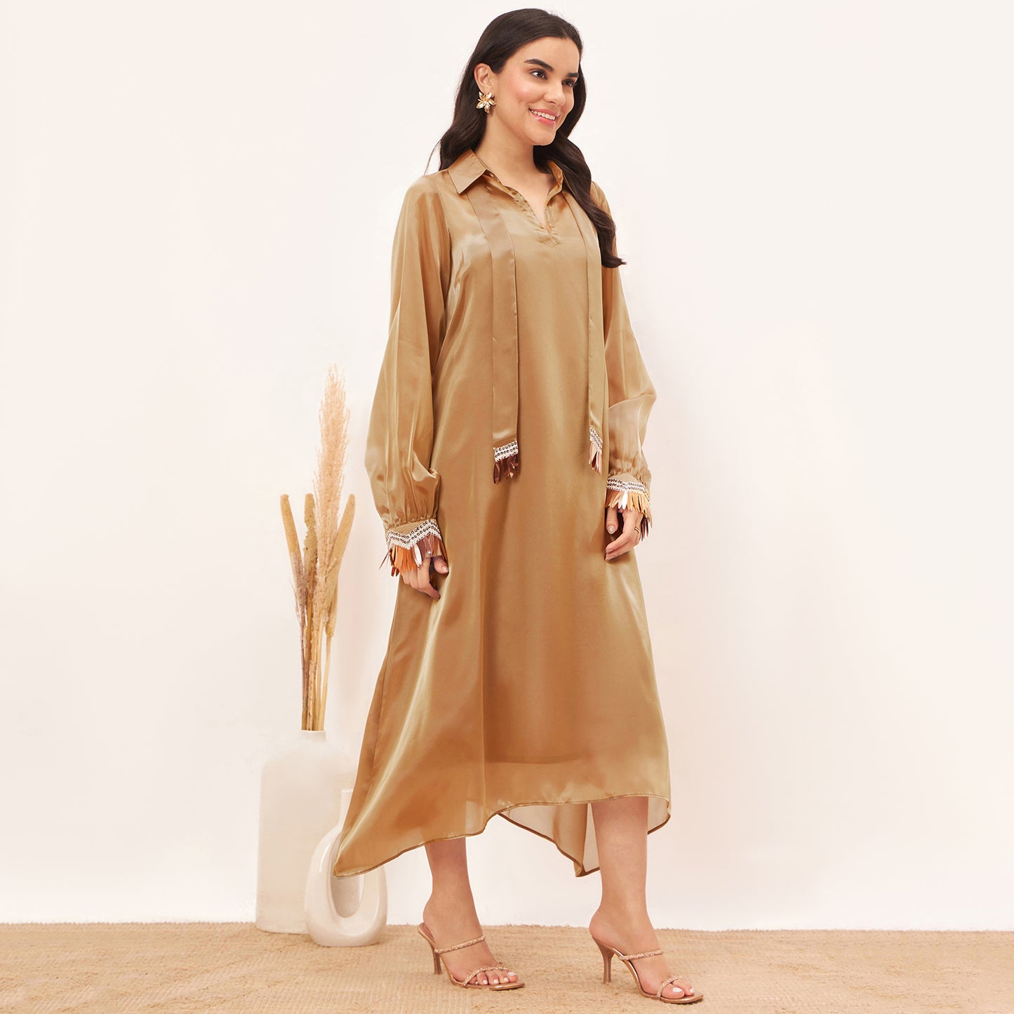 Hazel Brown A-Line Dress with Bead Lace Detail with Slip
