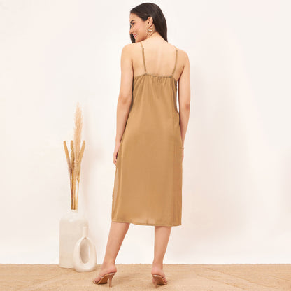 Hazel Brown A-Line Dress with Bead Lace Detail with Slip