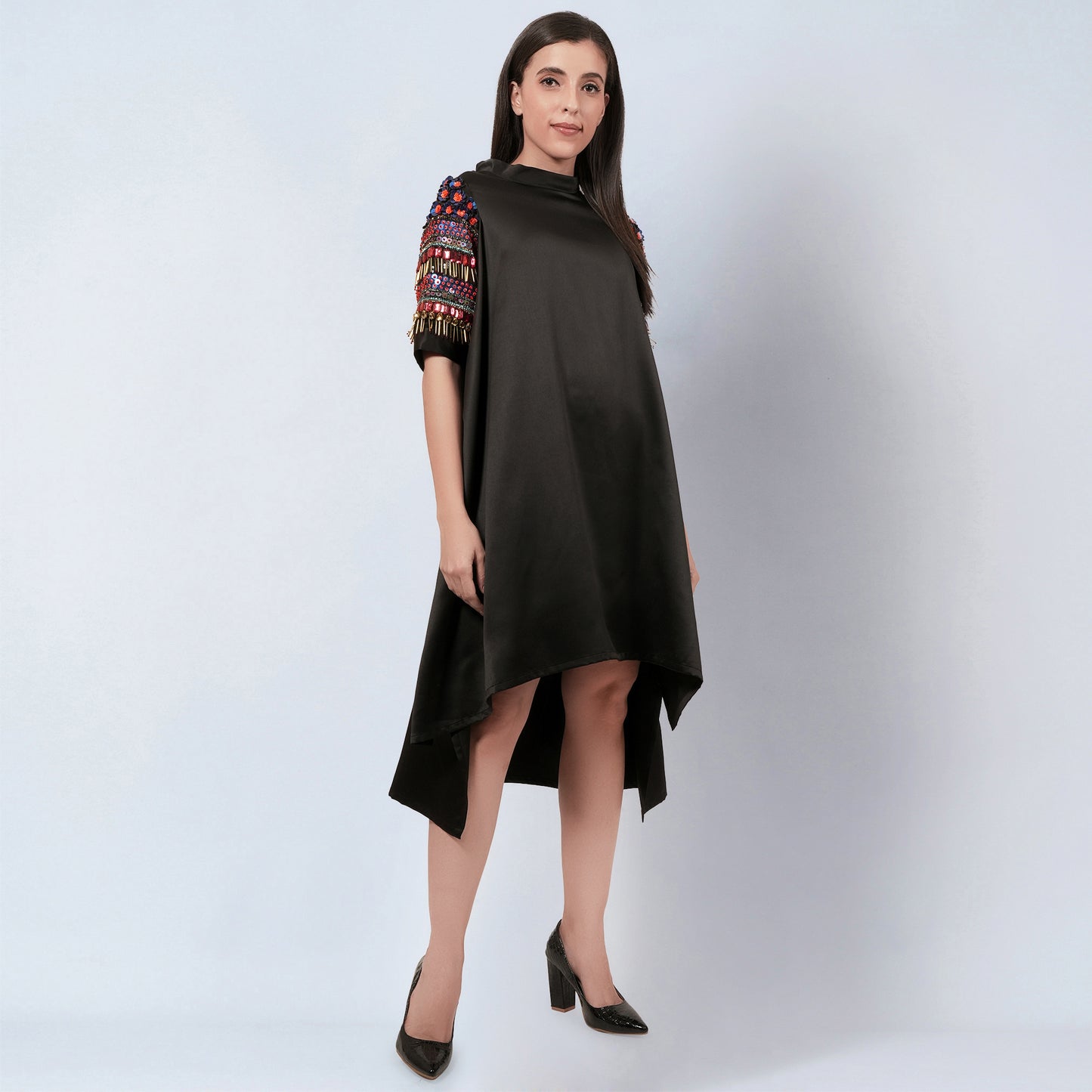 Black Crystal Embroidered Asymmetrical Dress