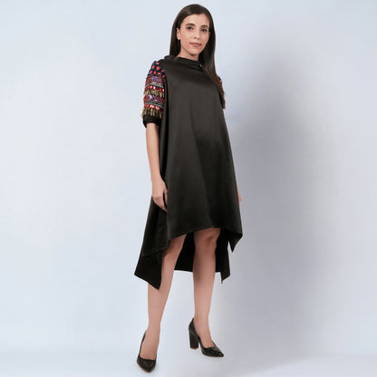 Black Crystal Embroidered Asymmetrical Dress