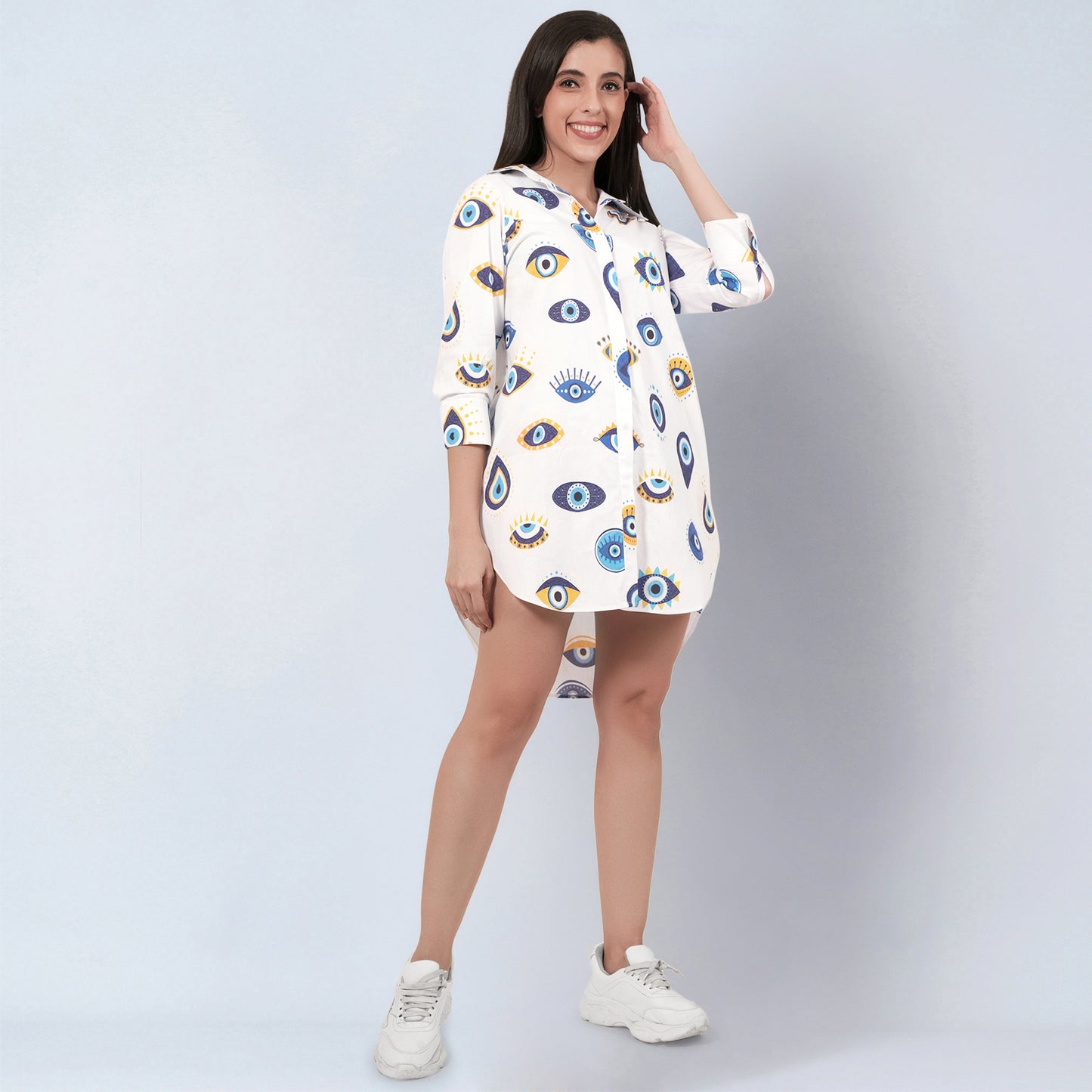 White and Blue Evil Eye Print Shirt Dress