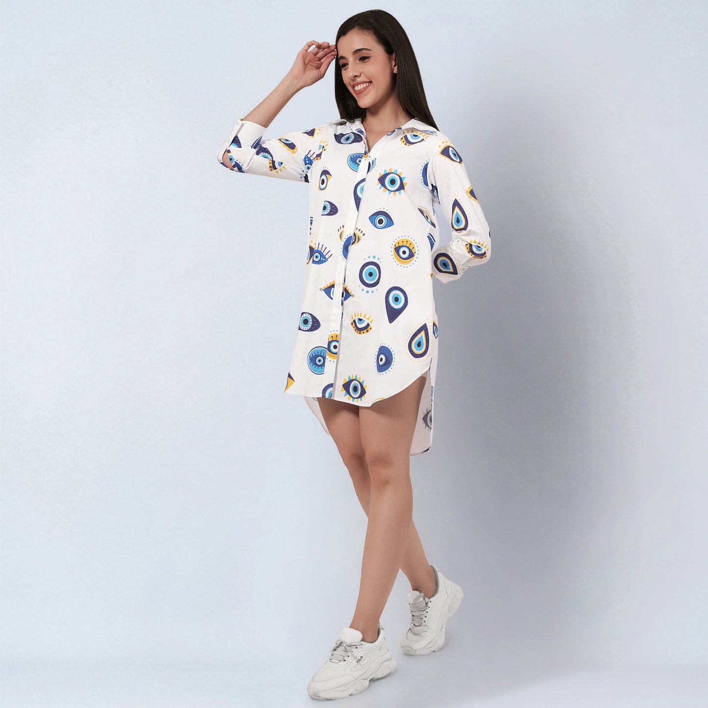 White and Blue Evil Eye Print Shirt Dress