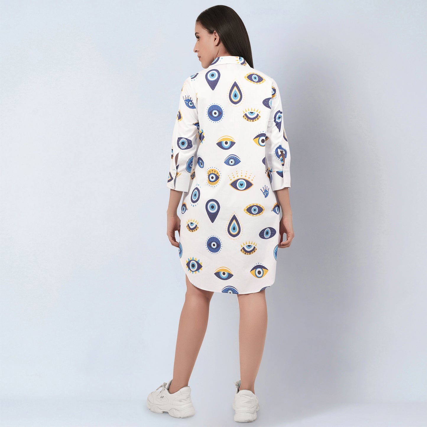 White and Blue Evil Eye Print Shirt Dress