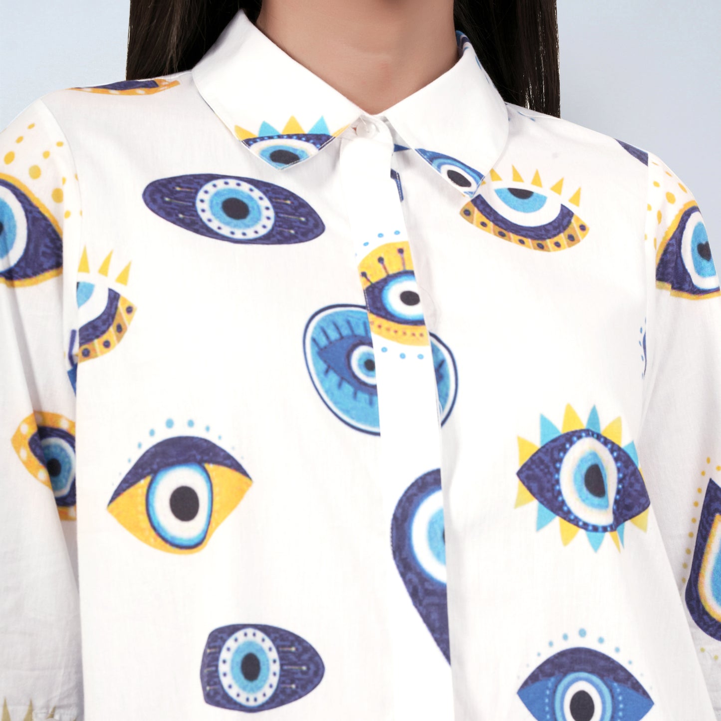 White and Blue Evil Eye Print Shirt Dress