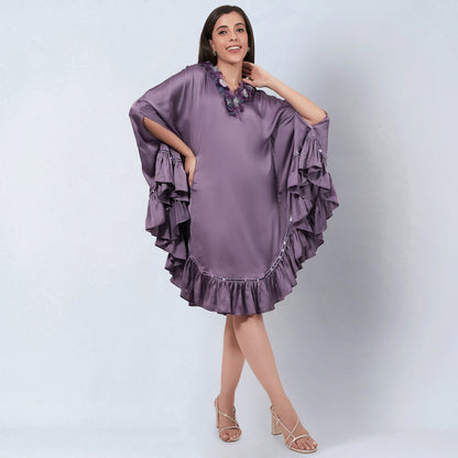 Purple Ruffle Dress with Floral Lace Detail