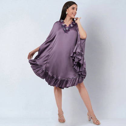 Purple Ruffle Dress with Floral Lace Detail