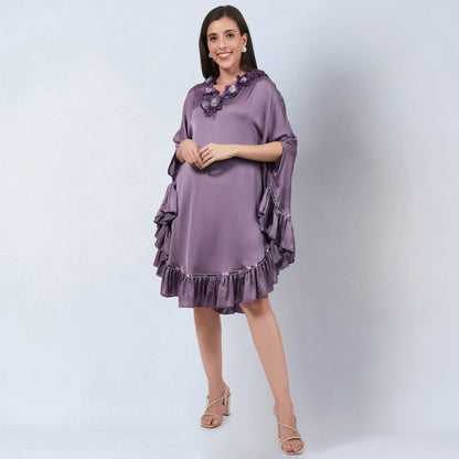 Purple Ruffle Dress with Floral Lace Detail