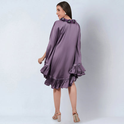Purple Ruffle Dress with Floral Lace Detail