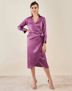 Lilac Wrap Around Embellished Satin Mid Length Dress