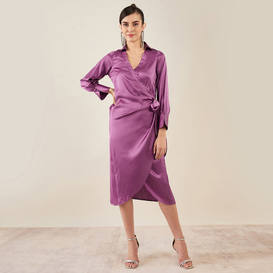 Lilac Wrap Around Embellished Satin Mid Length Dress