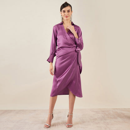 Lilac Wrap Around Embellished Satin Mid Length Dress