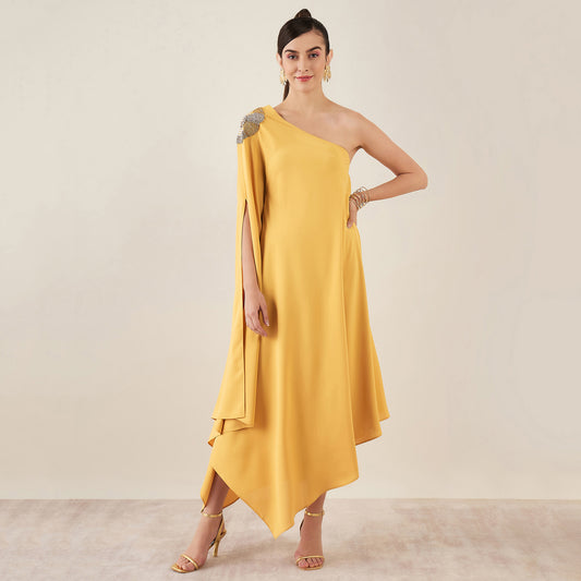 Mustard One-Shoulder Crystal Hand Embroidered Asymmetrical Dress