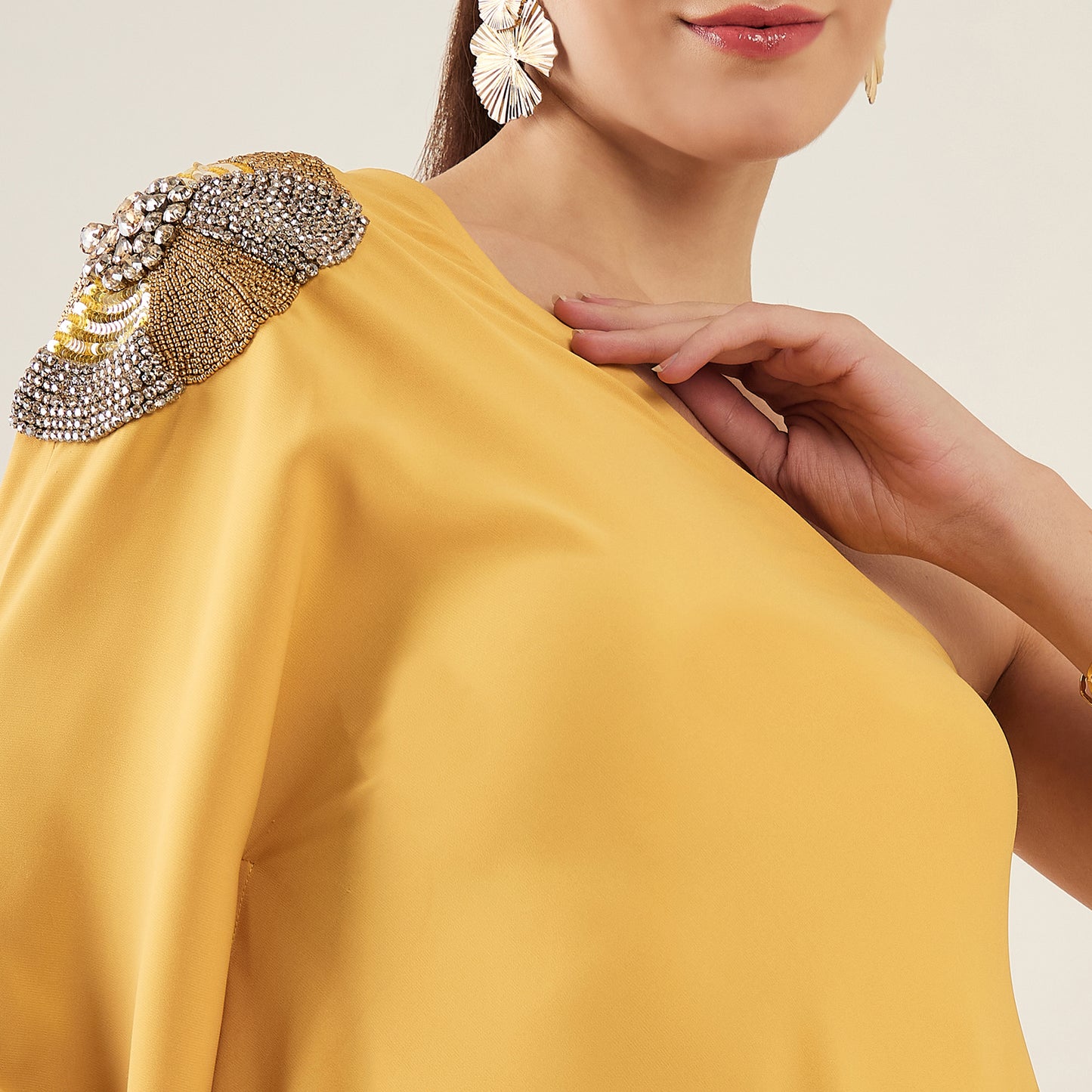 Mustard One-Shoulder Crystal Hand Embroidered Asymmetrical Dress