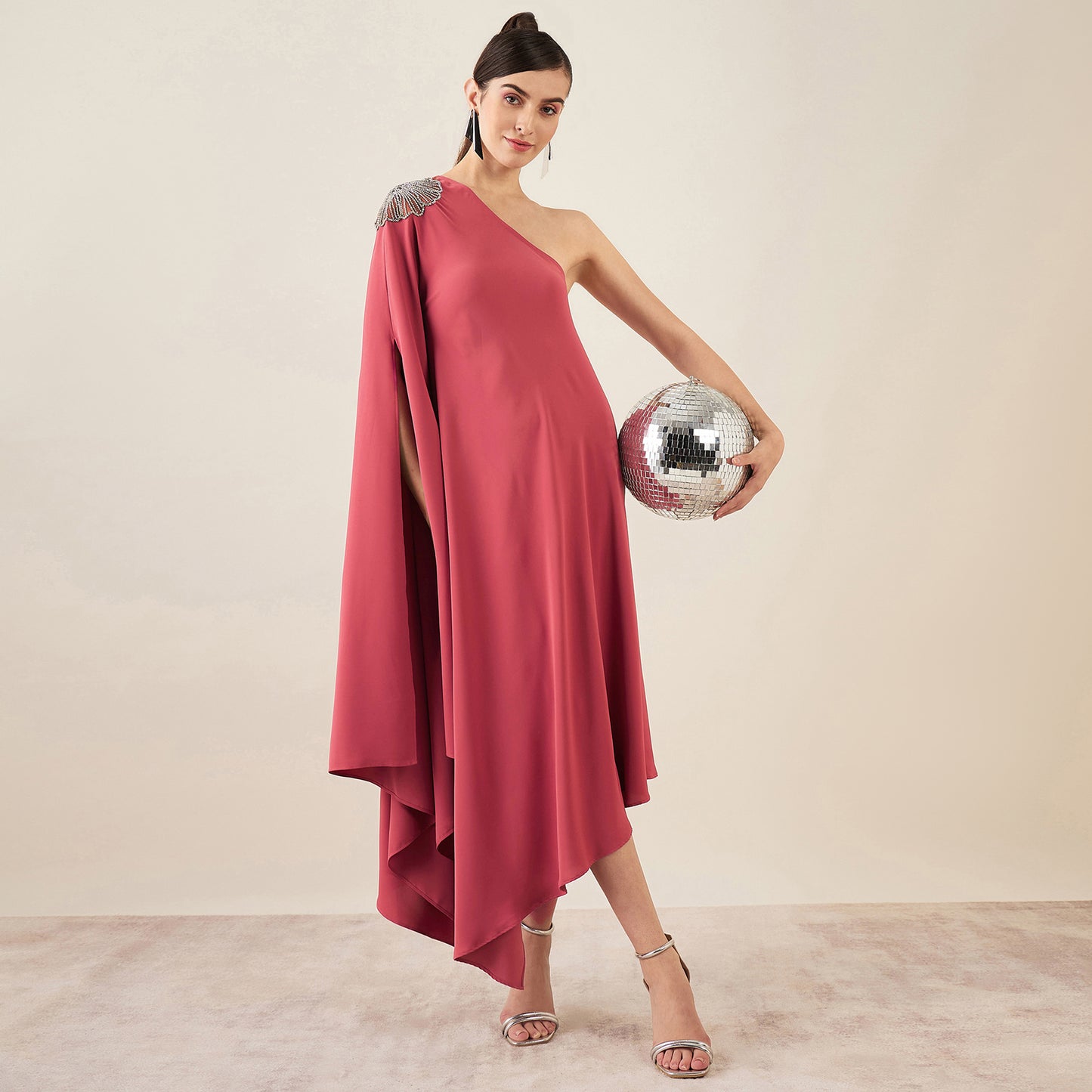 Rouge Red One-Shoulder Crystal Hand Embroidered Asymmetrical Dress