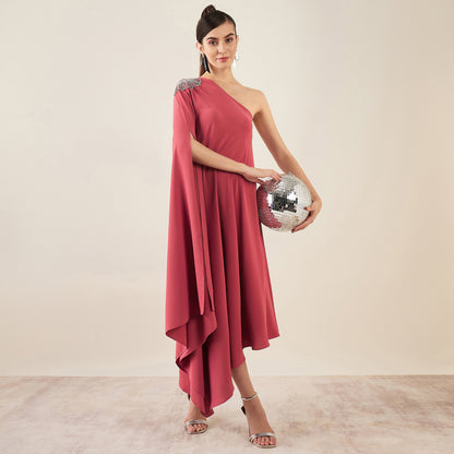 Rouge Red One-Shoulder Crystal Hand Embroidered Asymmetrical Dress