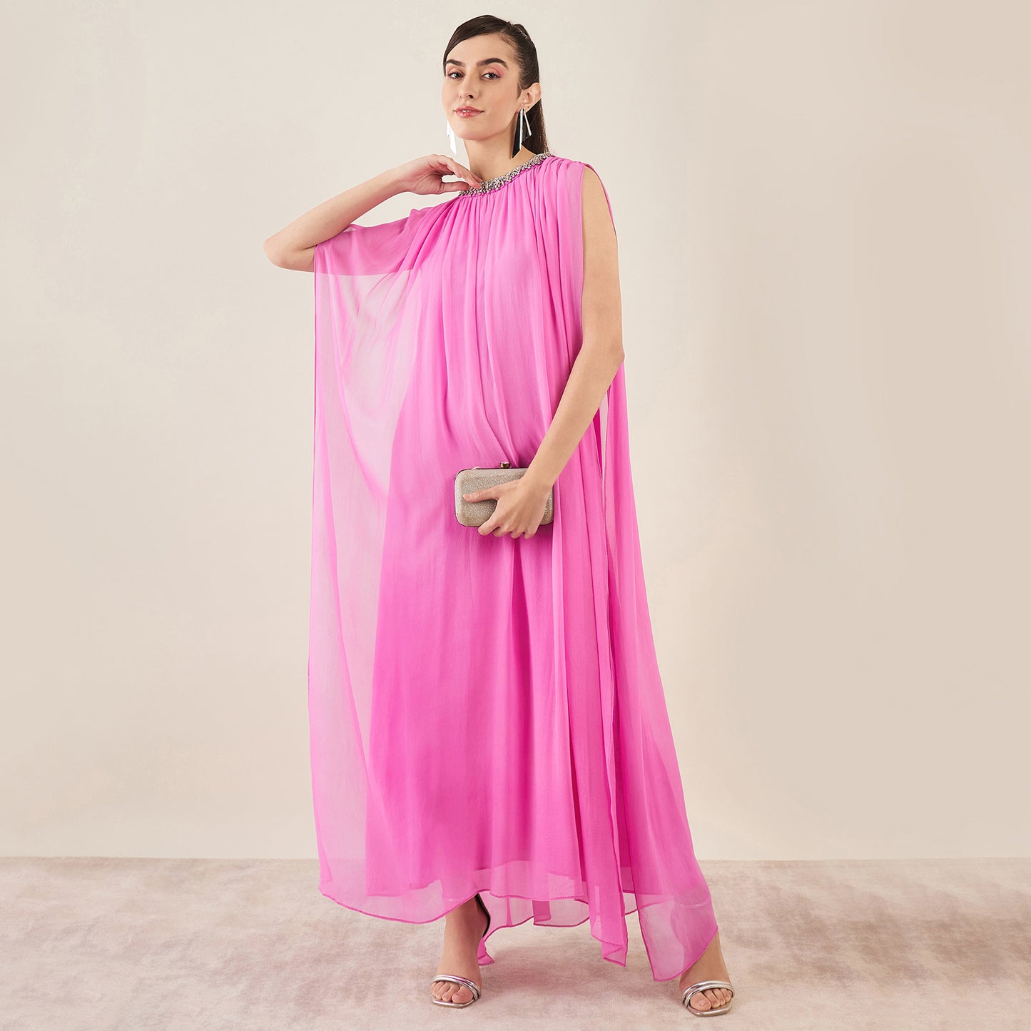 Pink Crystal Hand Embroidered and Gathered Silk Full Length Dress