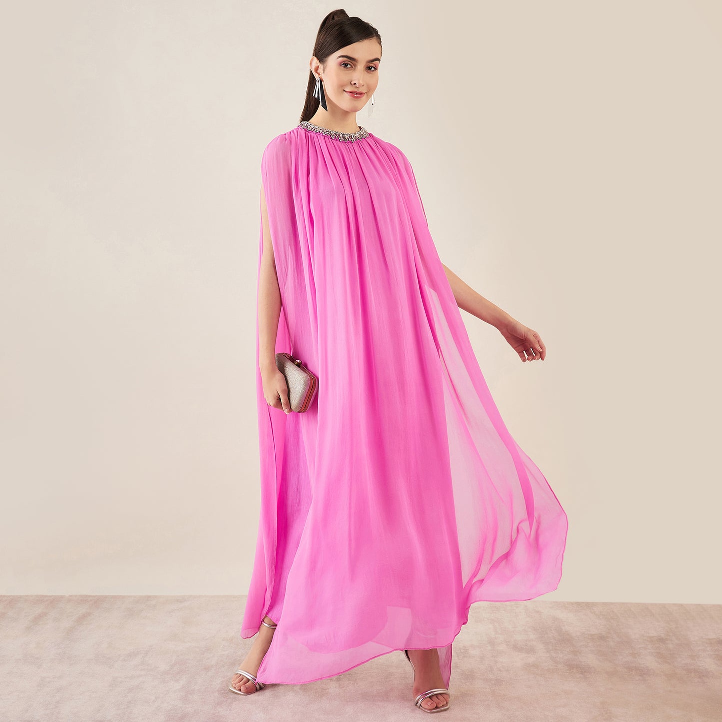 Pink Crystal Hand Embroidered and Gathered Silk Full Length Dress