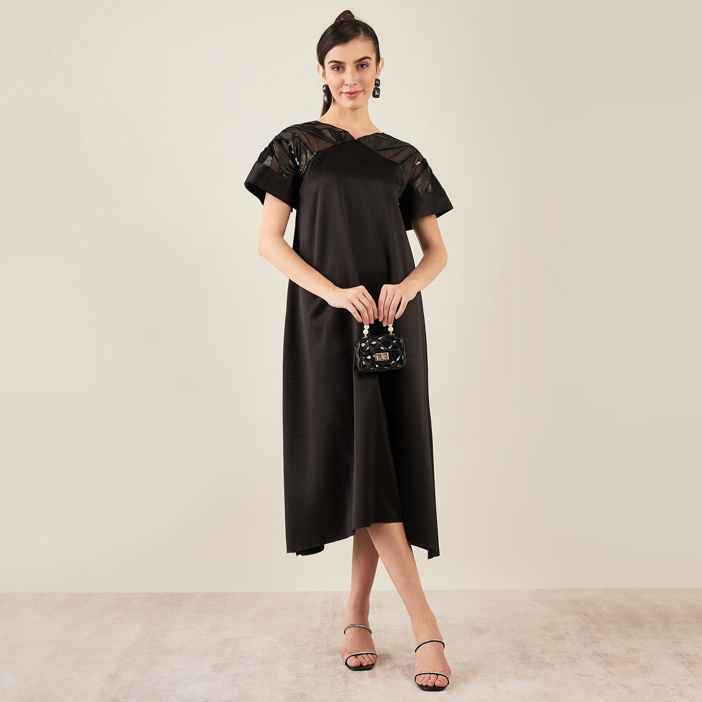 Black Sequin Embroidered Mid Length Dress