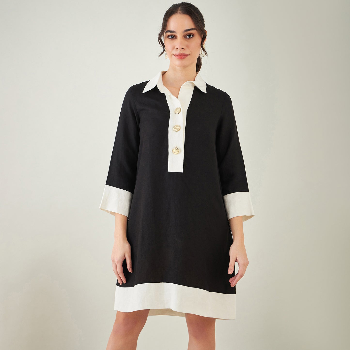 Black and Off-White Linen Shirt Dress