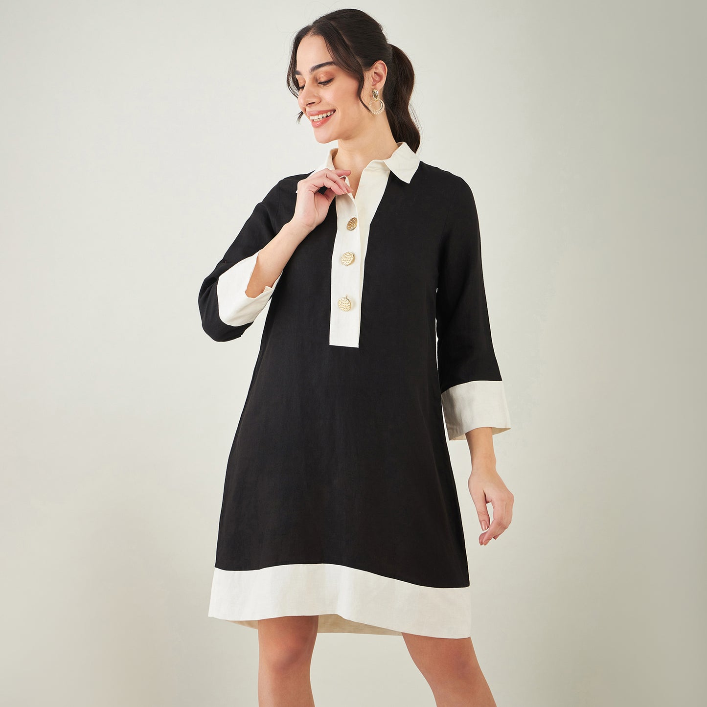 Black and Off-White Linen Shirt Dress