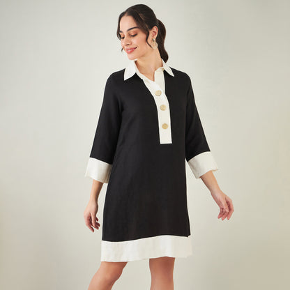 Black and Off-White Linen Shirt Dress