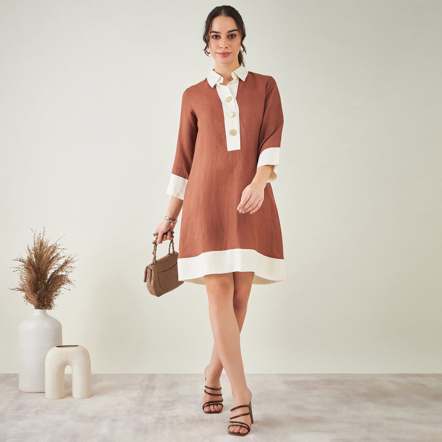 Brown and Off-White Linen Shirt Dress