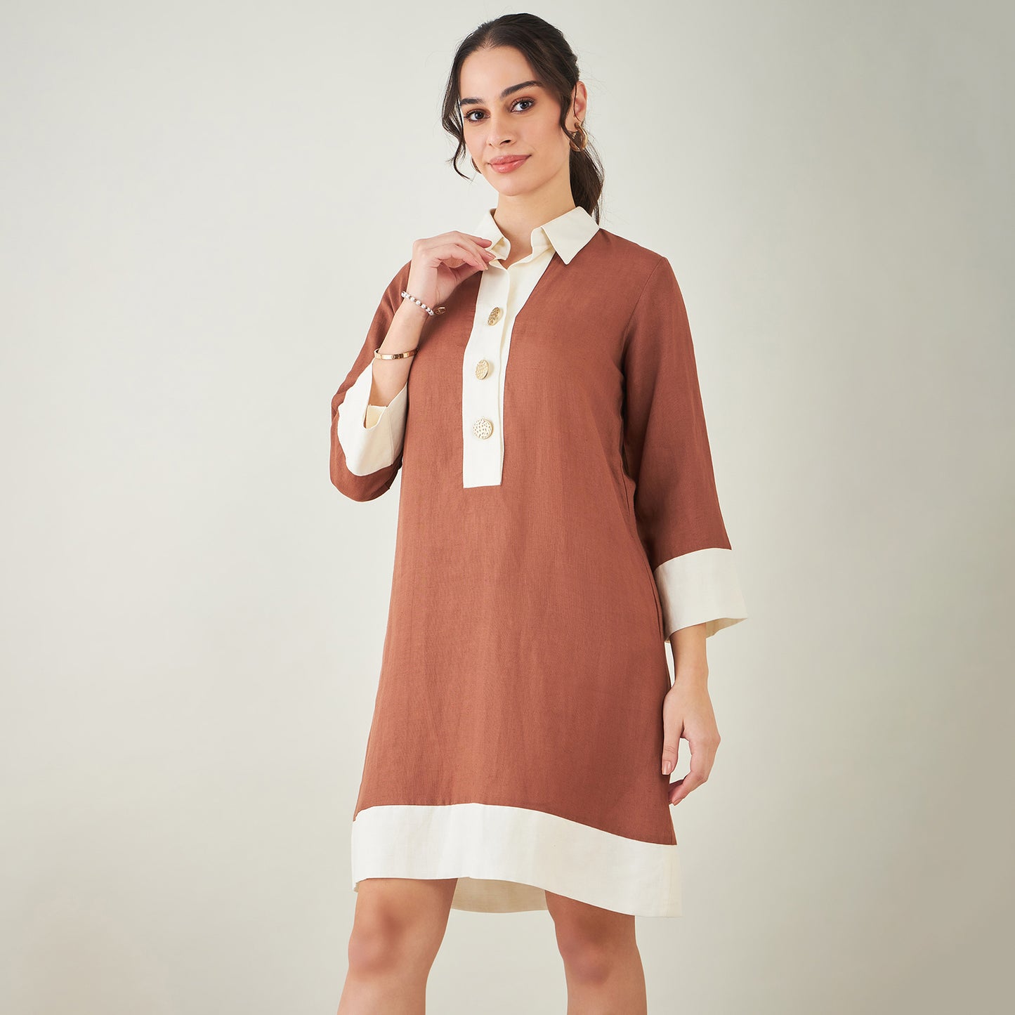 Brown and Off-White Linen Shirt Dress