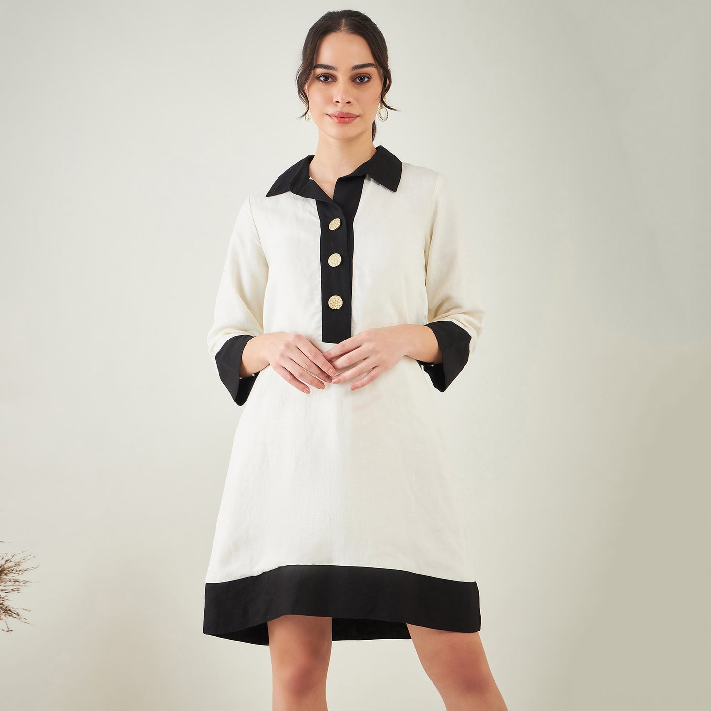 Off-White and Black Linen Shirt Dress