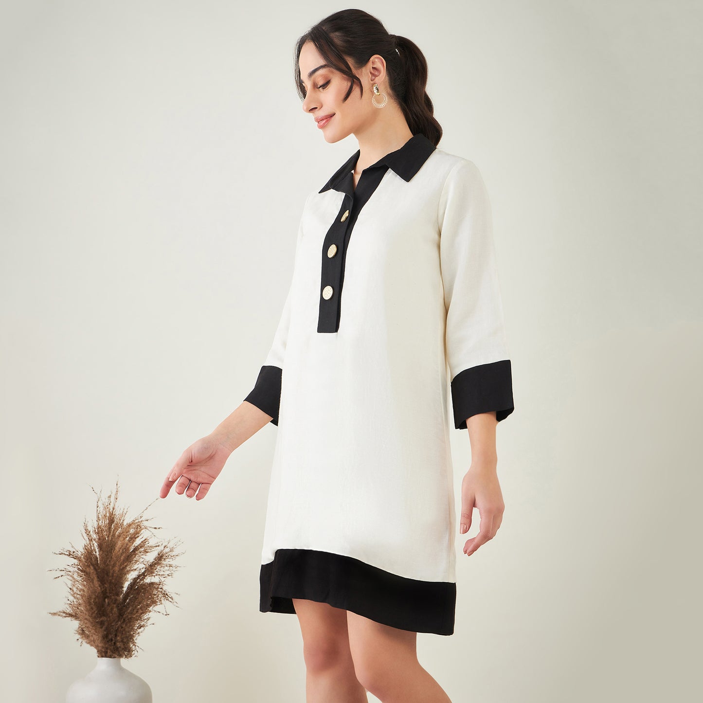 Off-White and Black Linen Shirt Dress