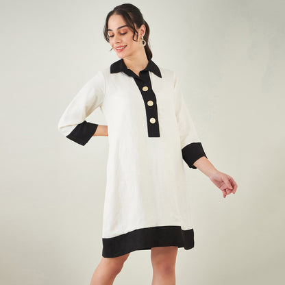 Off-White and Black Linen Shirt Dress