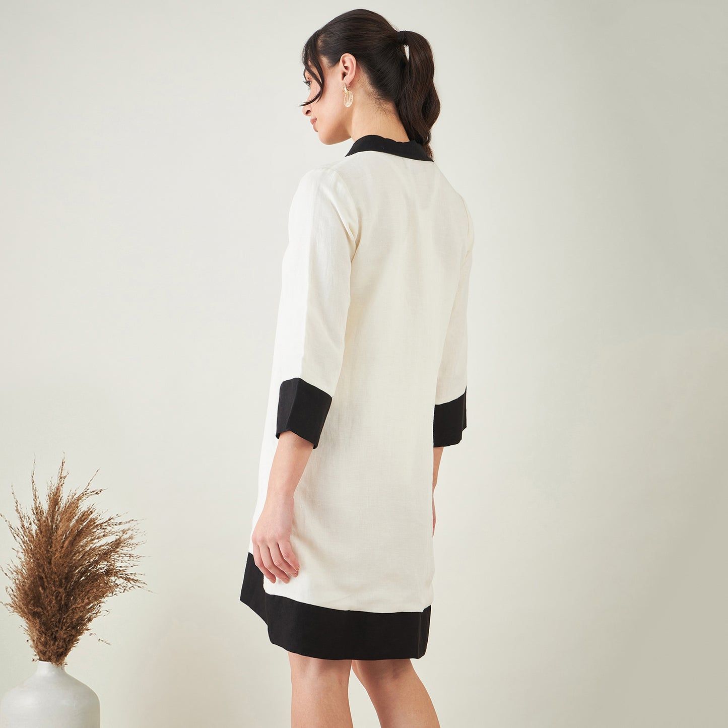 Off-White and Black Linen Shirt Dress