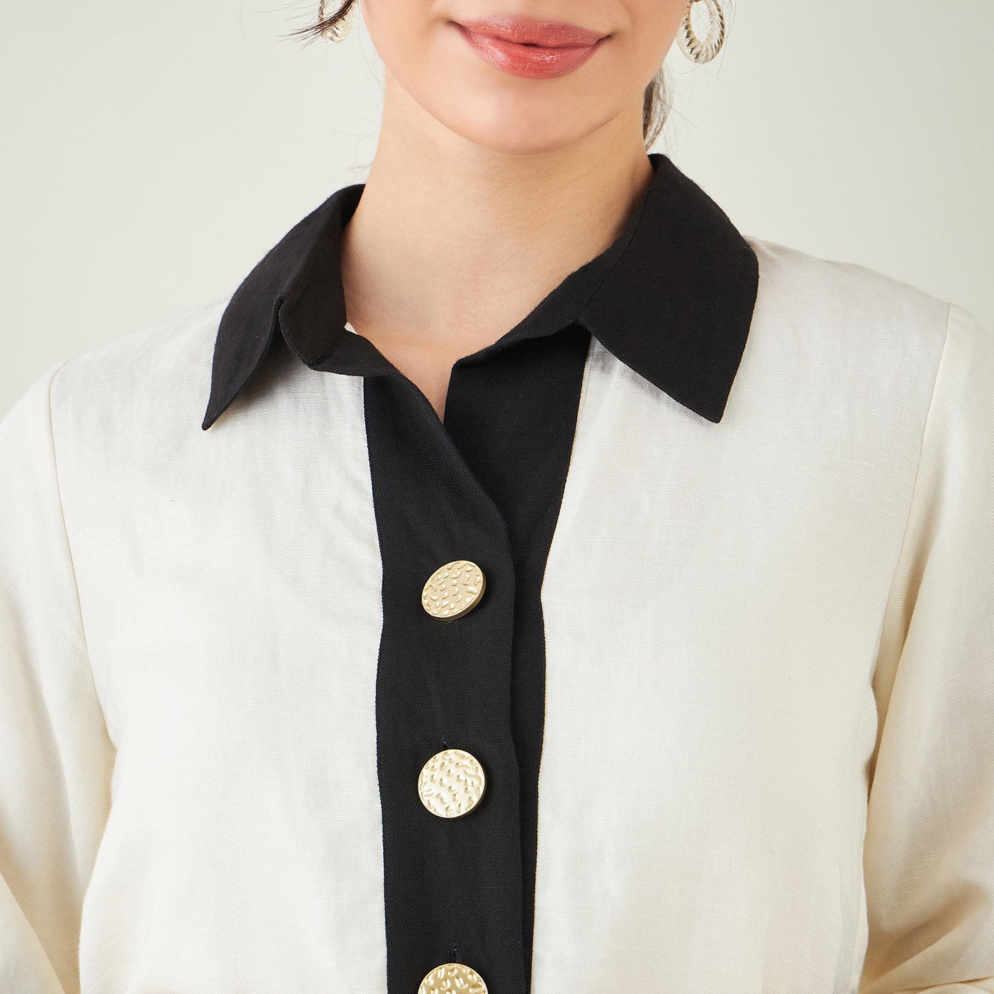Off-White and Black Linen Shirt Dress