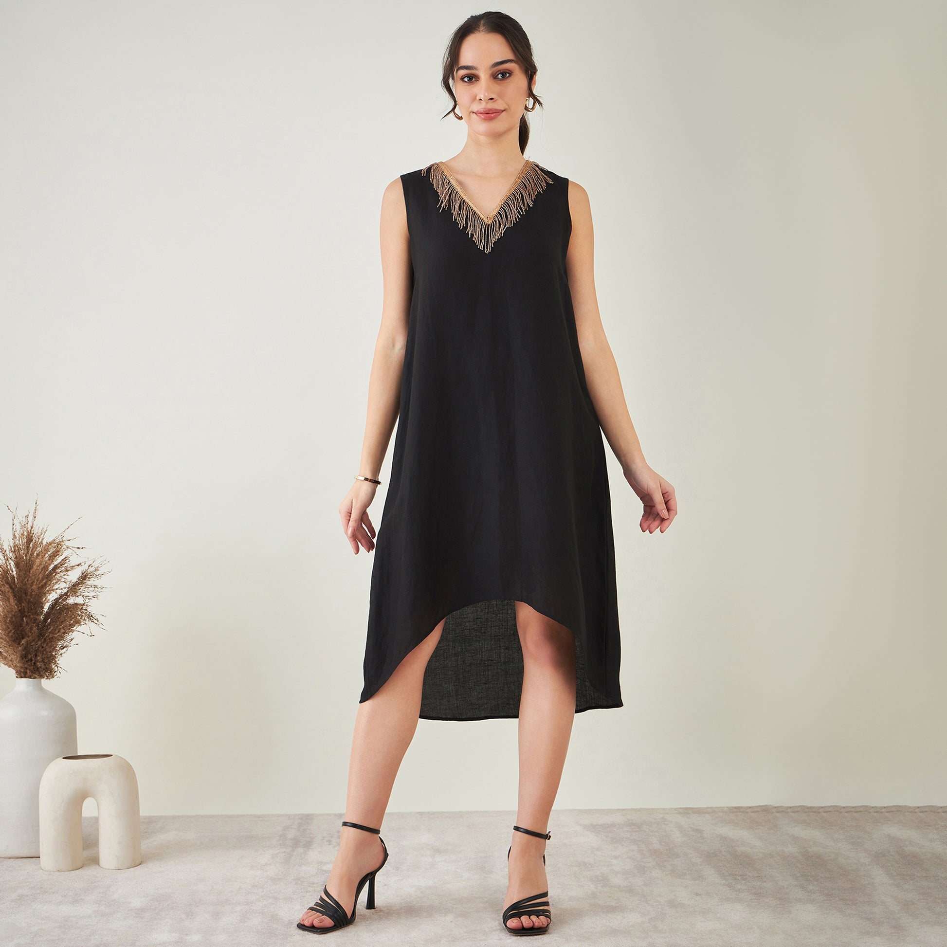 Black A-Line Linen Dress with Cut D | First Resort by Ramola Bachchan Black A-Line Linen Dress with Cut D | First Resort by Ramola Bachchan
