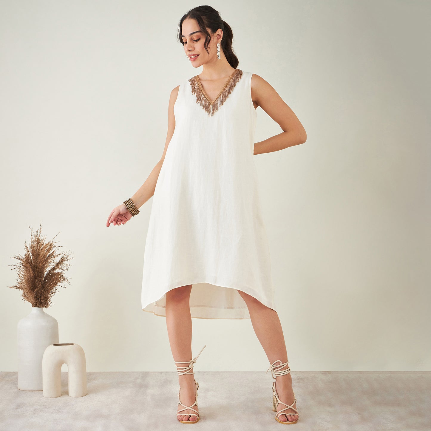 Off-White A-Line Linen Dress with Cut Dana Lace Detail