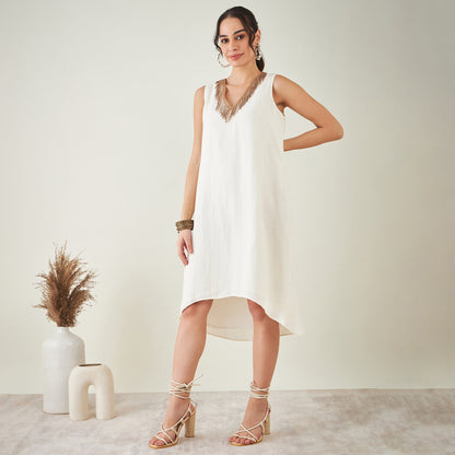 Off-White A-Line Linen Dress with Cut Dana Lace Detail
