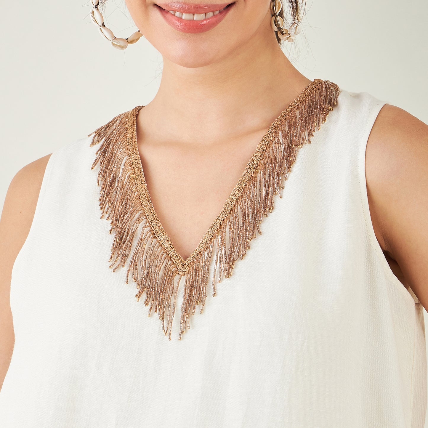 Off-White A-Line Linen Dress with Cut Dana Lace Detail