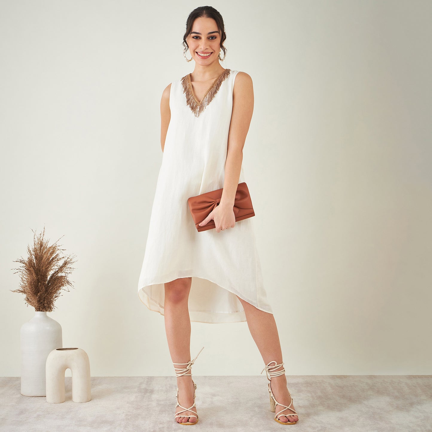 Off-White A-Line Linen Dress with Cut Dana Lace Detail
