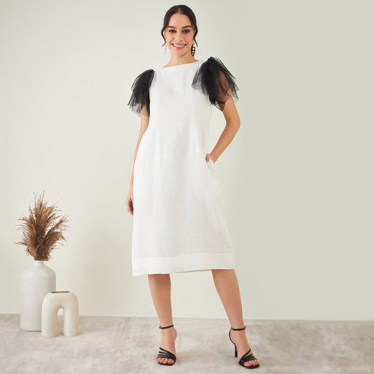 Off-White Linen Dress with Black Net Sleeves