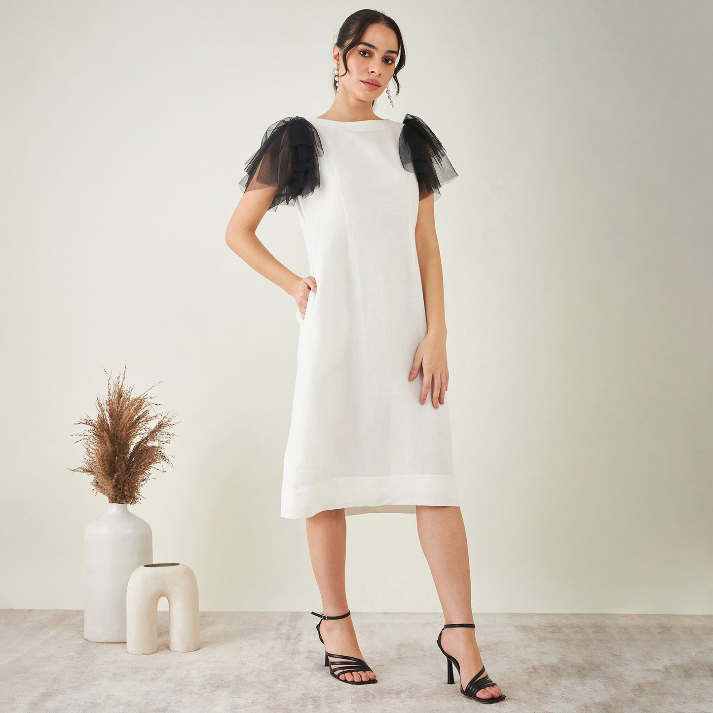 Off-White Linen Dress with Black Net Sleeves