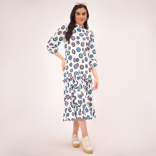 White Evil Eye Frill Mid Length Dress