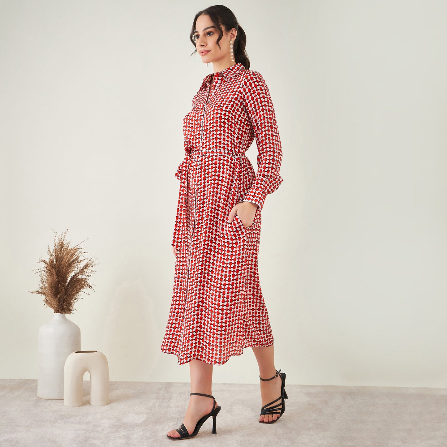 Red and White Geometric Print Shirt Dress with Belt