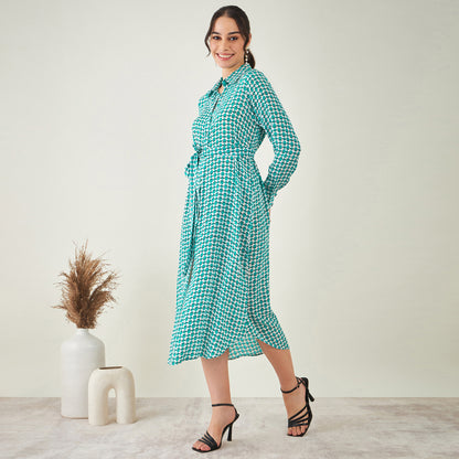 Turquoise and White Geometric Print Shirt Dress with Belt