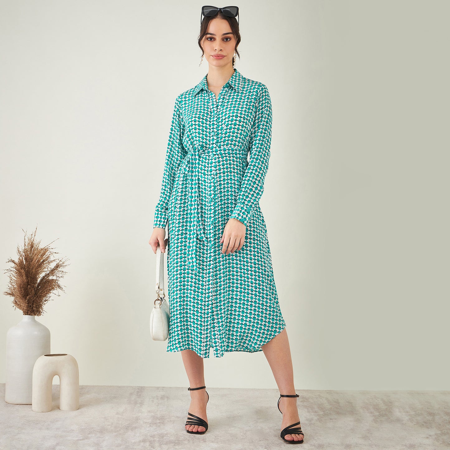 Turquoise and White Geometric Print Shirt Dress with Belt