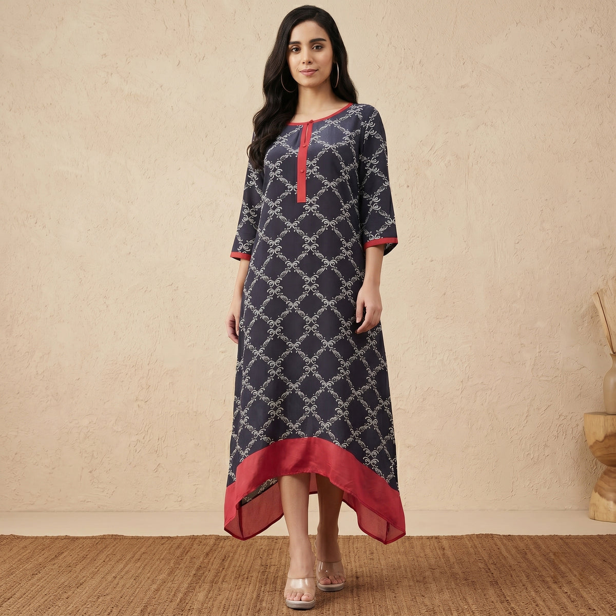 Black And Red Baroque Print Dress for Women – Viscose Crepe | First Resort by Ramola Bachchan