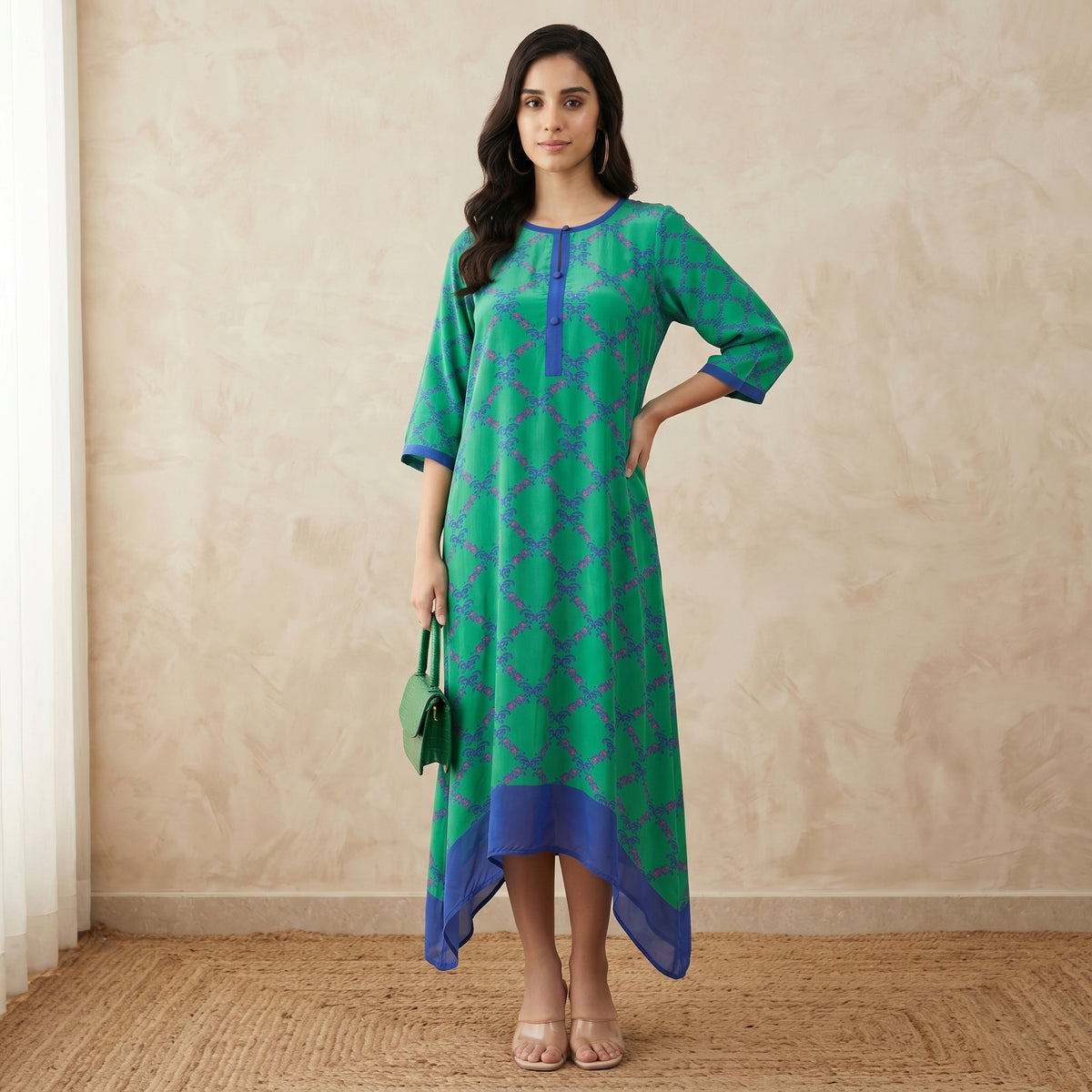 Mint Green And Blue Baroque Print Dress for Women – Viscose Crepe | First Resort by Ramola Bachchan