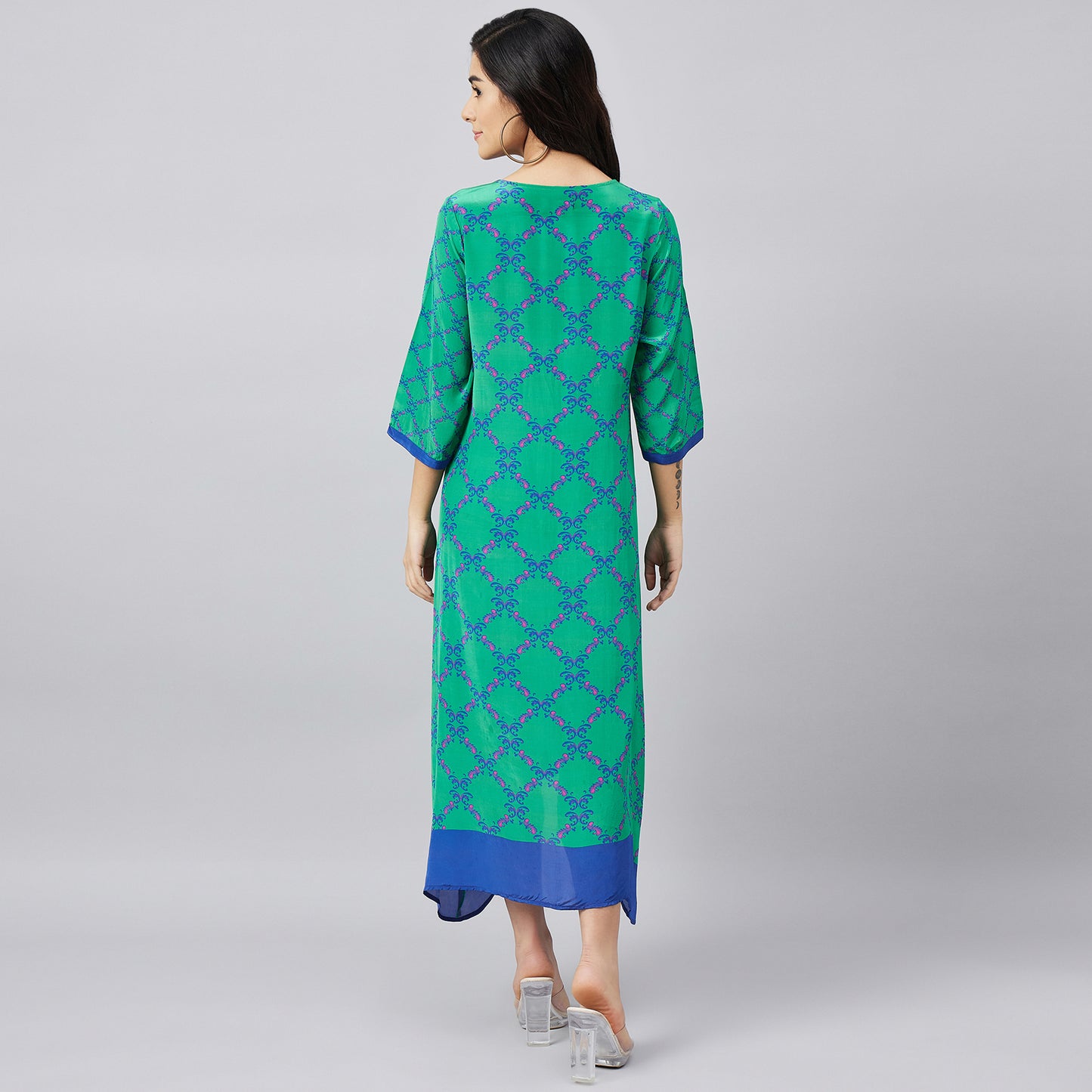 Mint Green and Blue Baroque Print Midi Kaftan Dress