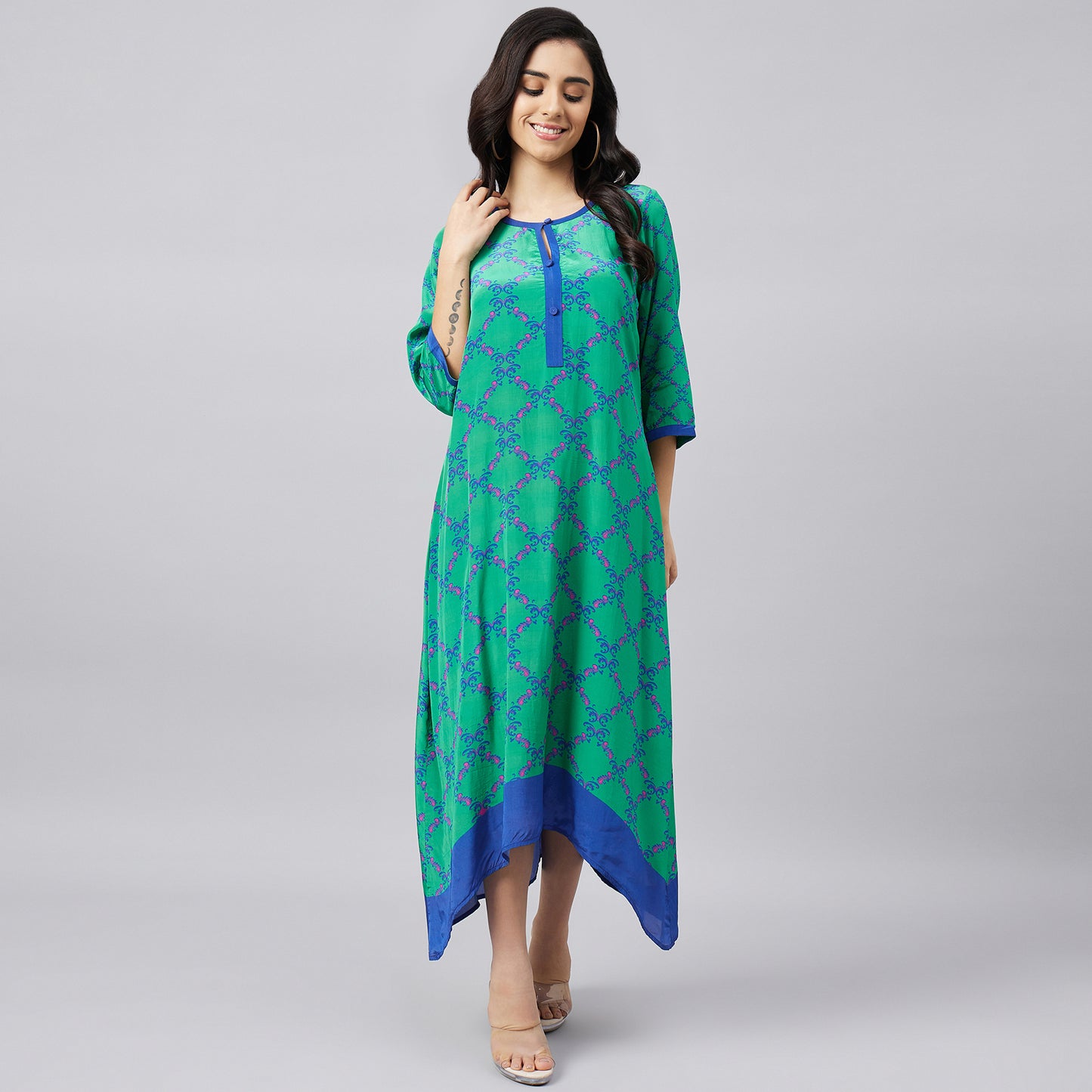 Mint Green and Blue Baroque Print Midi Kaftan Dress