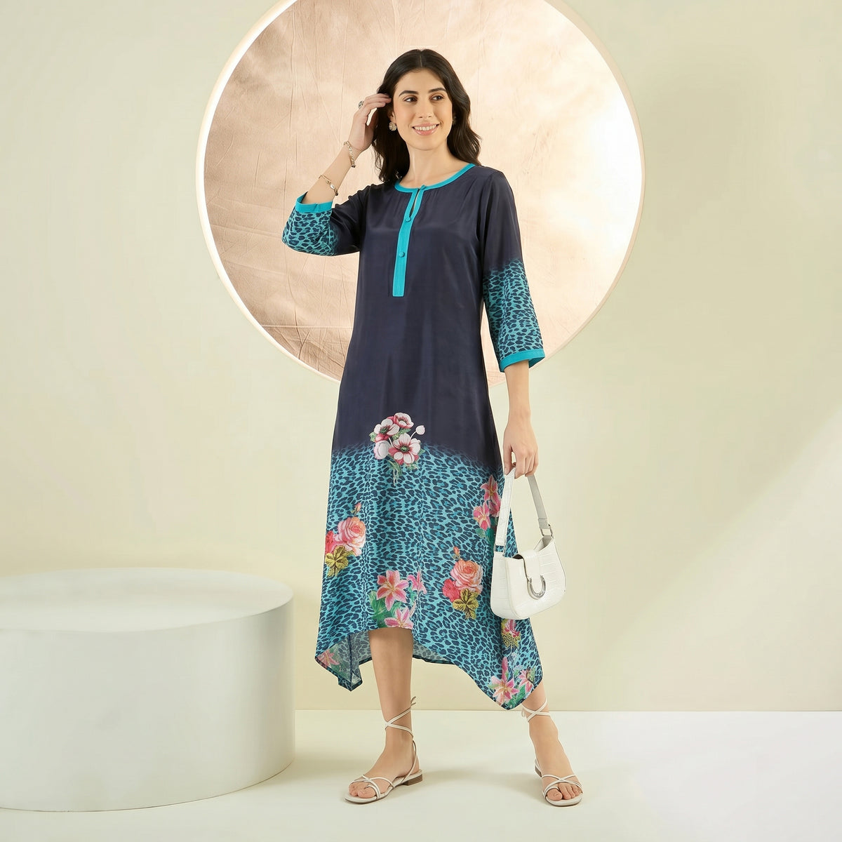 Black And Turquoise Animal And Floral Print Dress for Women – Viscose Crepe | First Resort by Ramola Bachchan