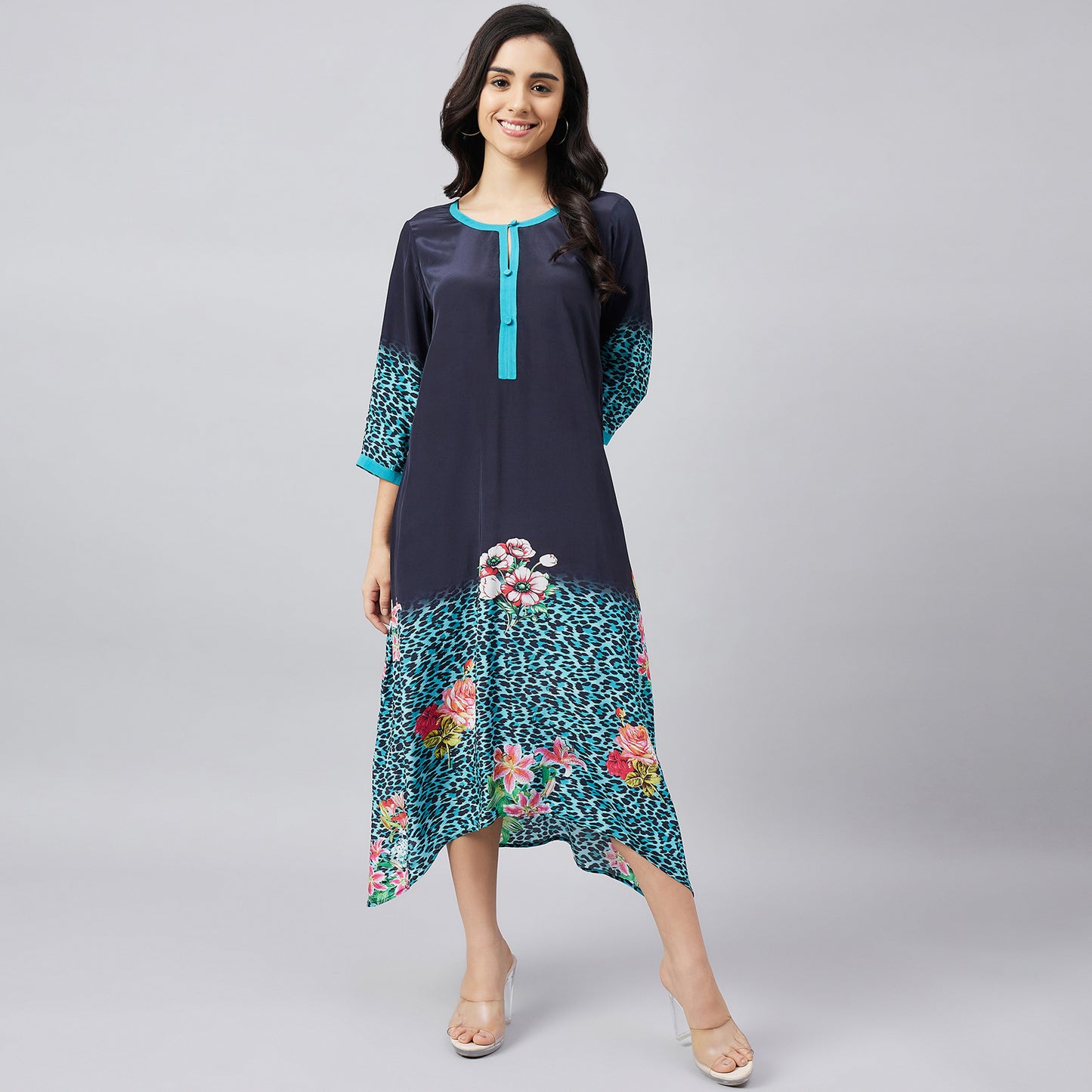Black and Turquoise Printed Midi Kaftan Dress