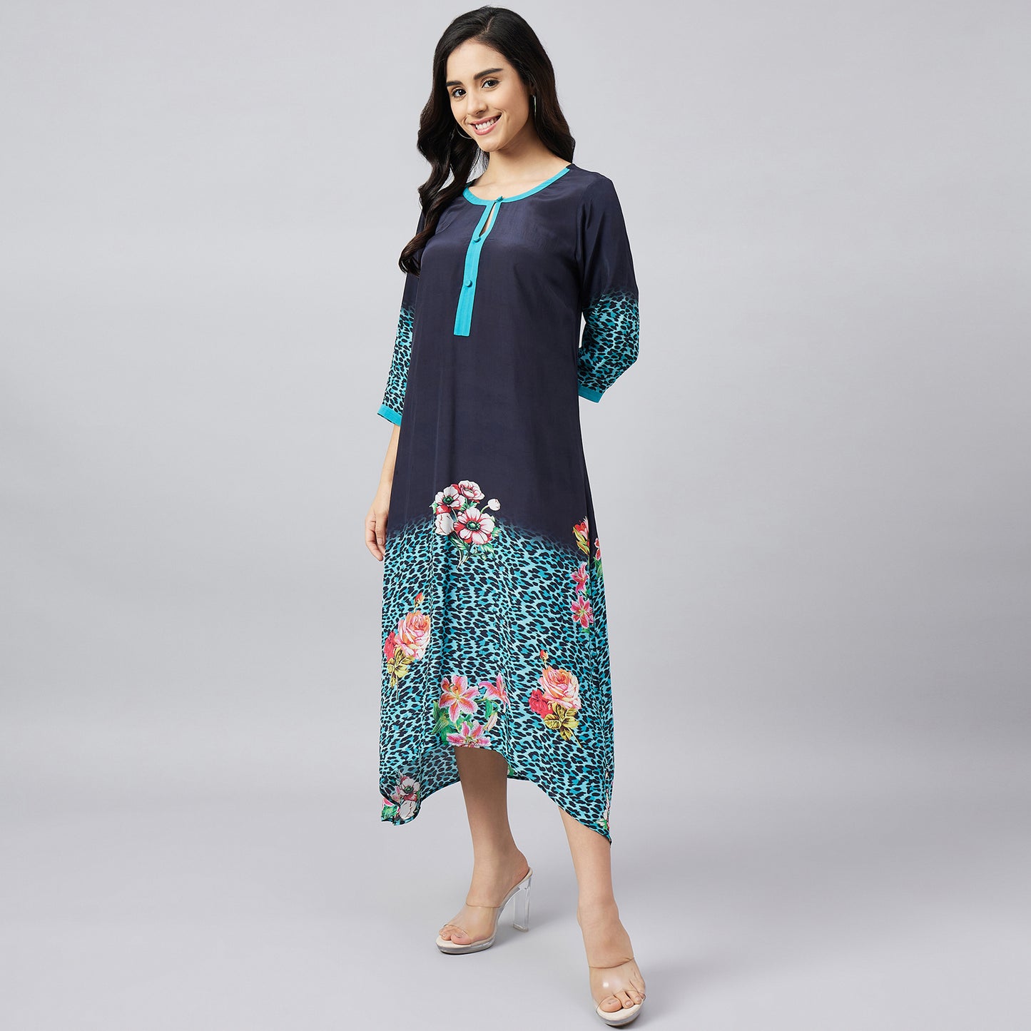 Black and Turquoise Printed Midi Kaftan Dress